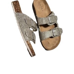 Nicole Miller New York Zesty Silver Rhinestone Slide Sandals Sparkly Cork Size